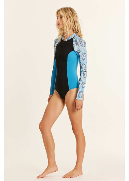 Women's Summer Seas Cheeky Wetsuit in black, blue, and white with long sleeves, front zipper, and patterned sleeves and collar.
