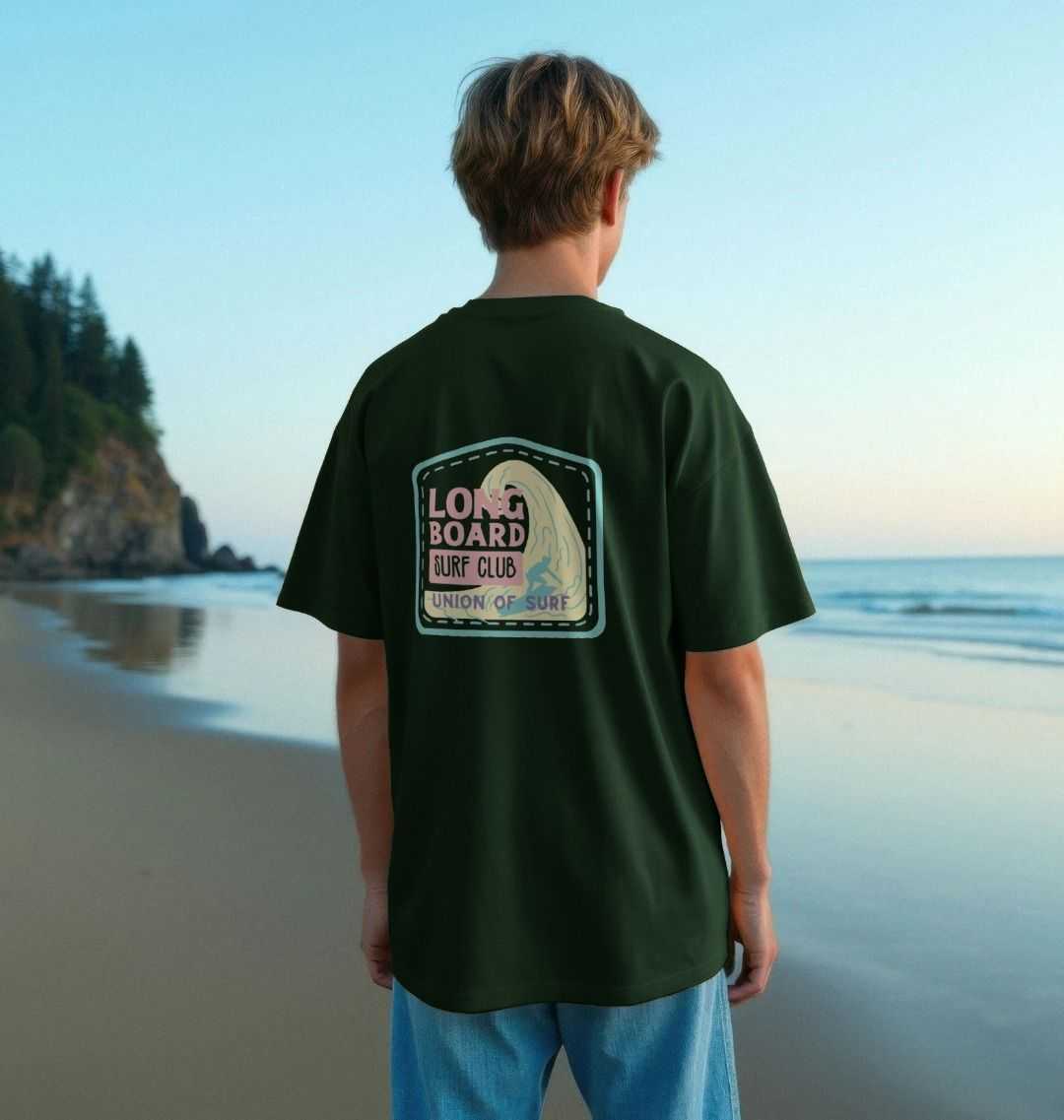 Union Long Board Surf Club oversized organic cotton men's T-shirt with size chart and sustainable fabric details
