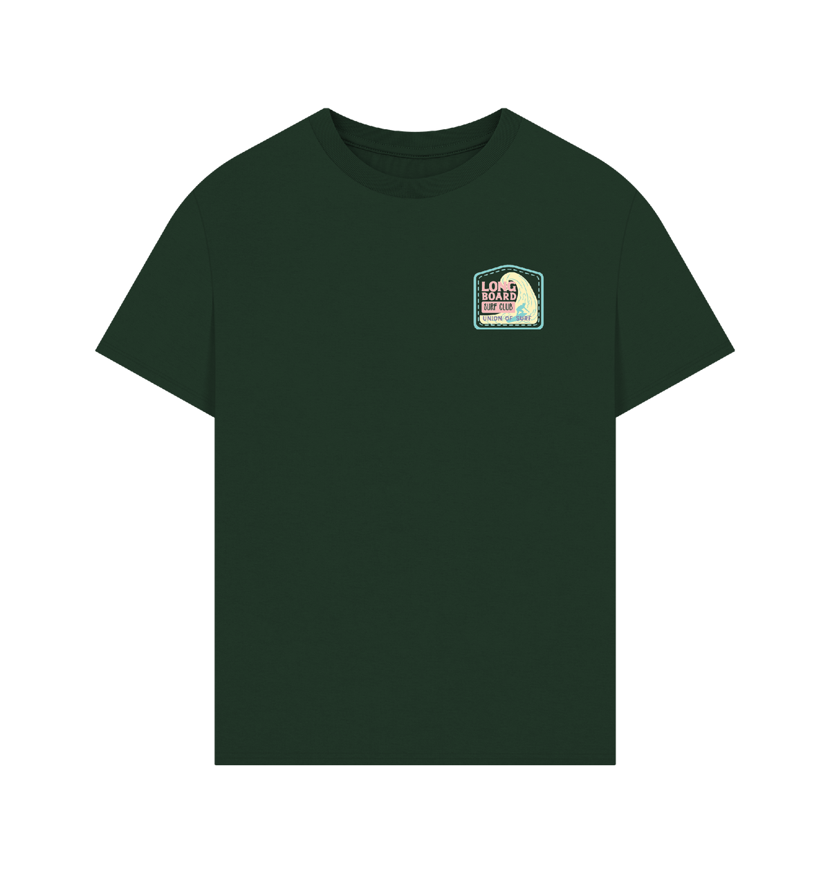 Union Long Board Surf Club men's oversized organic cotton T-shirt with size guide and sustainable production details