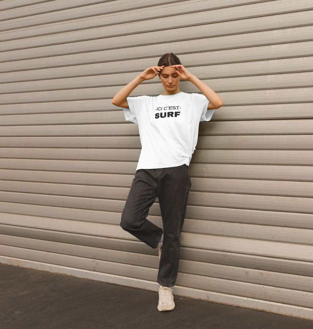 Womens graphic tee Ici C'est Surf made from organic cotton with sustainable beach-inspired design