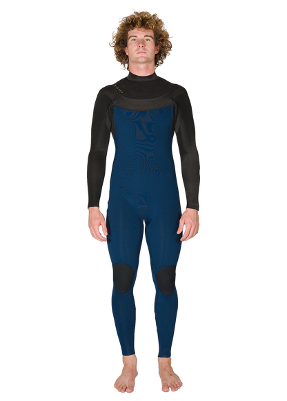 Vissla New Seas 4-3 V-Zip Wetsuit in black and navy blue neoprene with sleek slim fit and knee pads