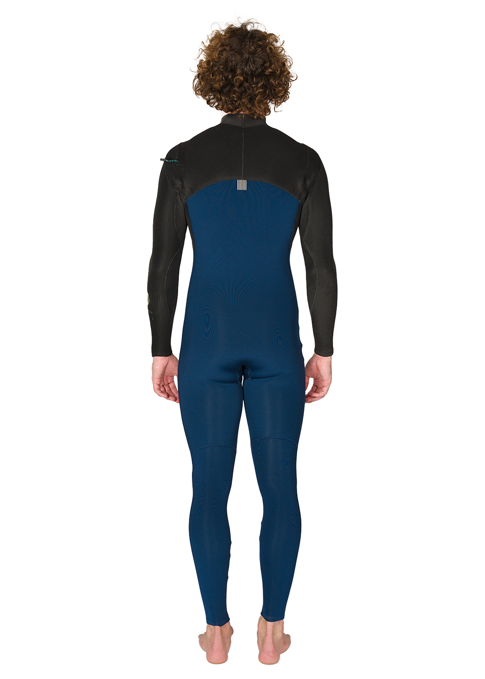 Vissla New Seas 4-3 V-Zip Wetsuit in black and blue neoprene with full-body coverage and long sleeves, viewed from back