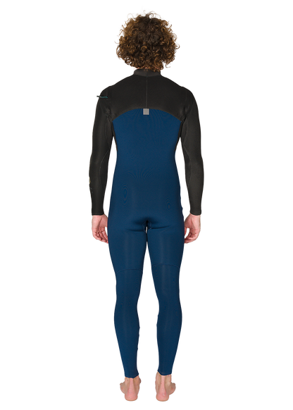 Vissla New Seas 4-3 V-Zip Wetsuit in blue and black neoprene with smooth arm panels and back zipper closure