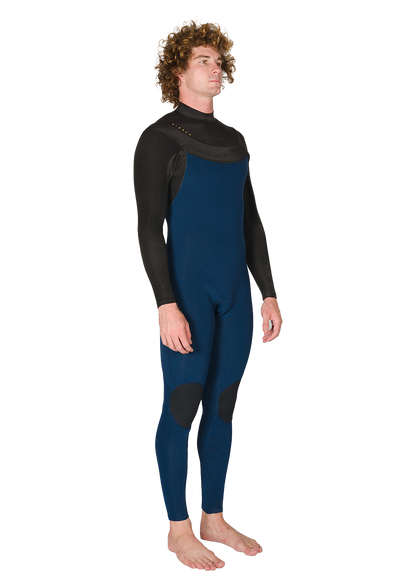 Vissla New Seas 4-3 V-Zip Wetsuit in blue and black neoprene with long sleeves and knee pads, designed for cold water