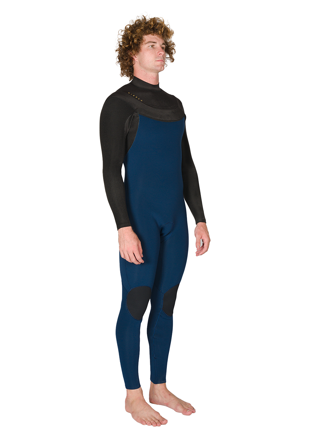 Vissla New Seas 4-3 V-Zip Wetsuit in navy blue and black neoprene with knee pads and smooth neck seal, featuring full body coverage