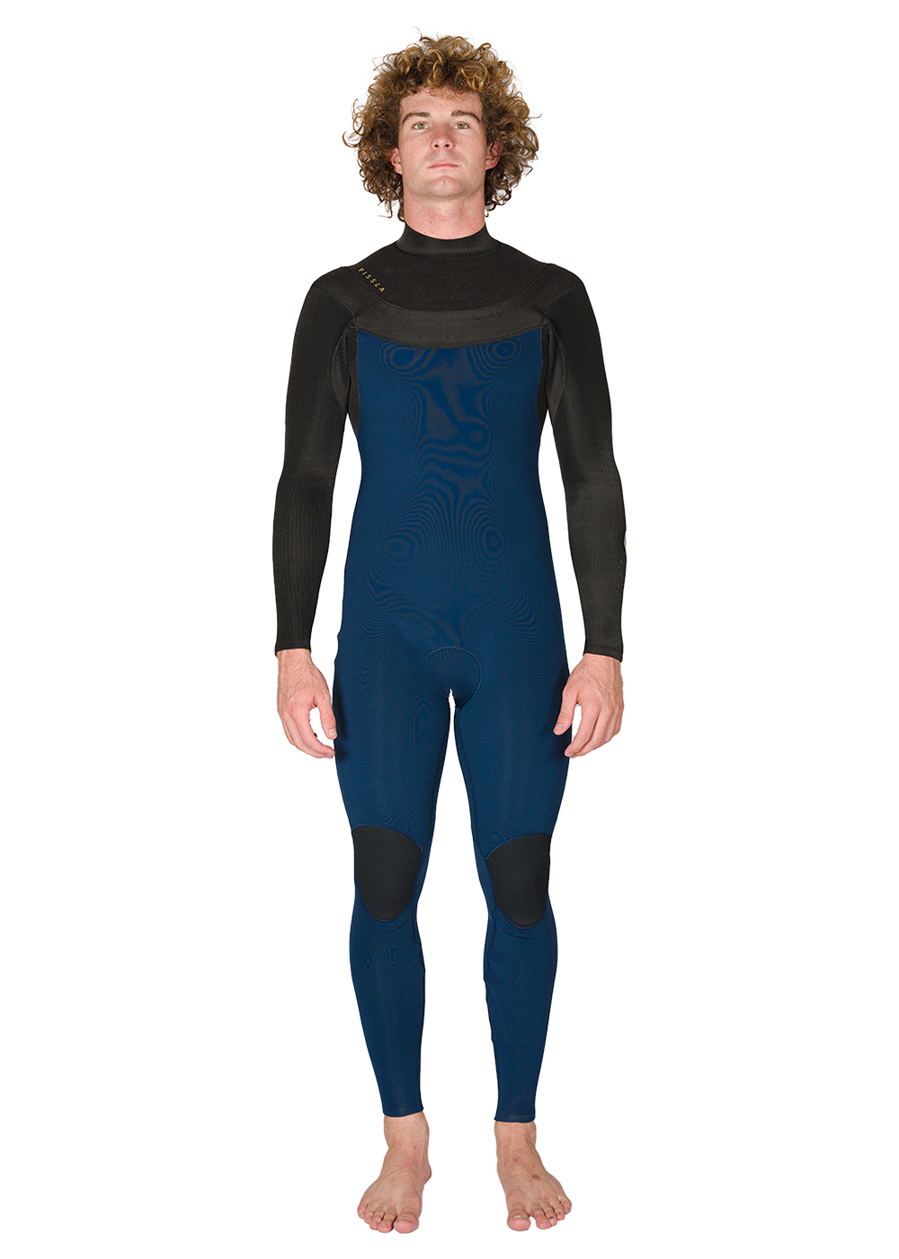 Vissla New Seas 4-3 V-Zip Wetsuit in navy blue and black neoprene with long sleeves and knee pads, designed for cold water