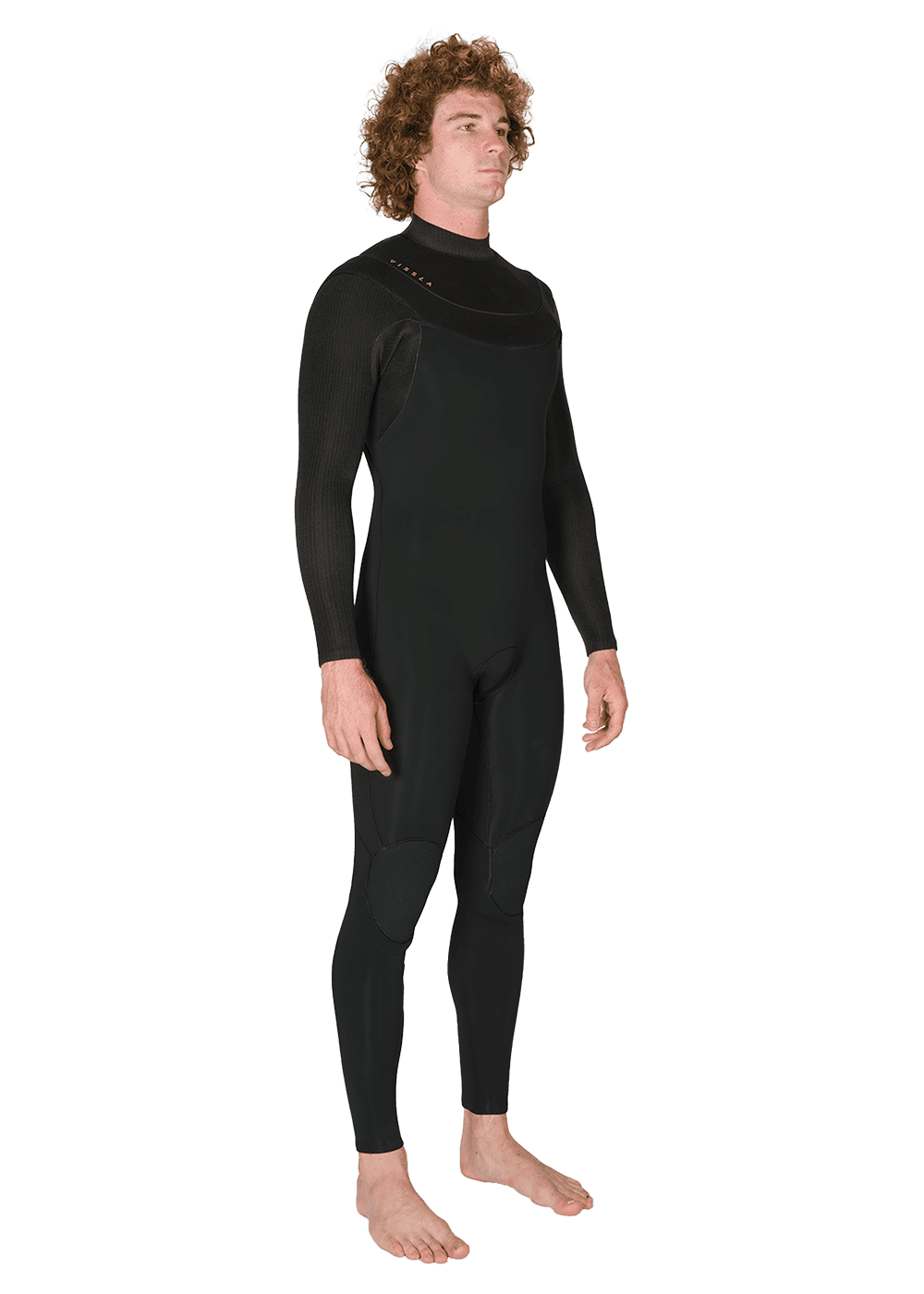 Vissla New Seas black full-body wetsuit with long sleeves, U-Zip front closure, and knee pads made from neoprene and nylon