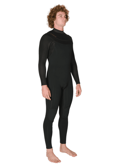 Vissla New Seas black full-body wetsuit with long sleeves, U-Zip front closure, and knee pads made from neoprene and nylon