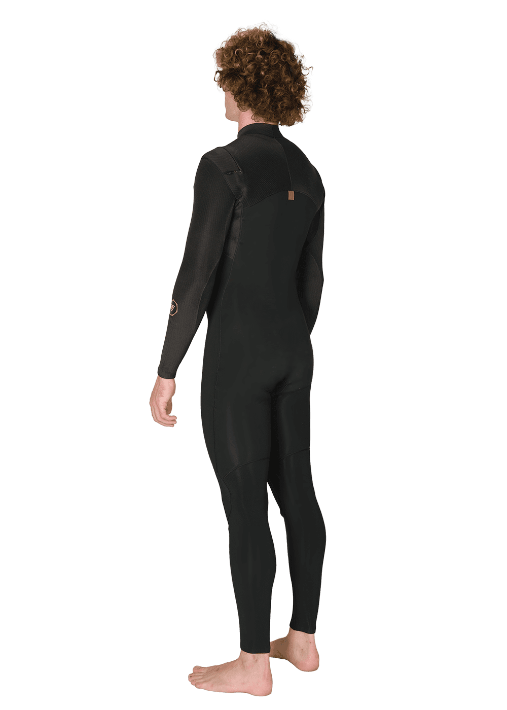 Vissla New Seas black full-body wetsuit with long sleeves, smooth back panel, and neoprene material standing rear view