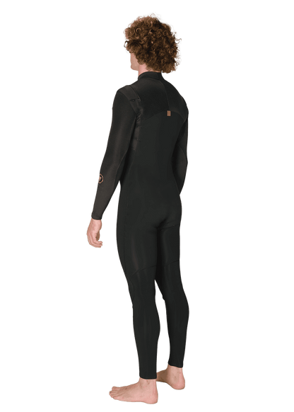 Vissla New Seas black full-body wetsuit with long sleeves, smooth back panel, and neoprene material standing rear view