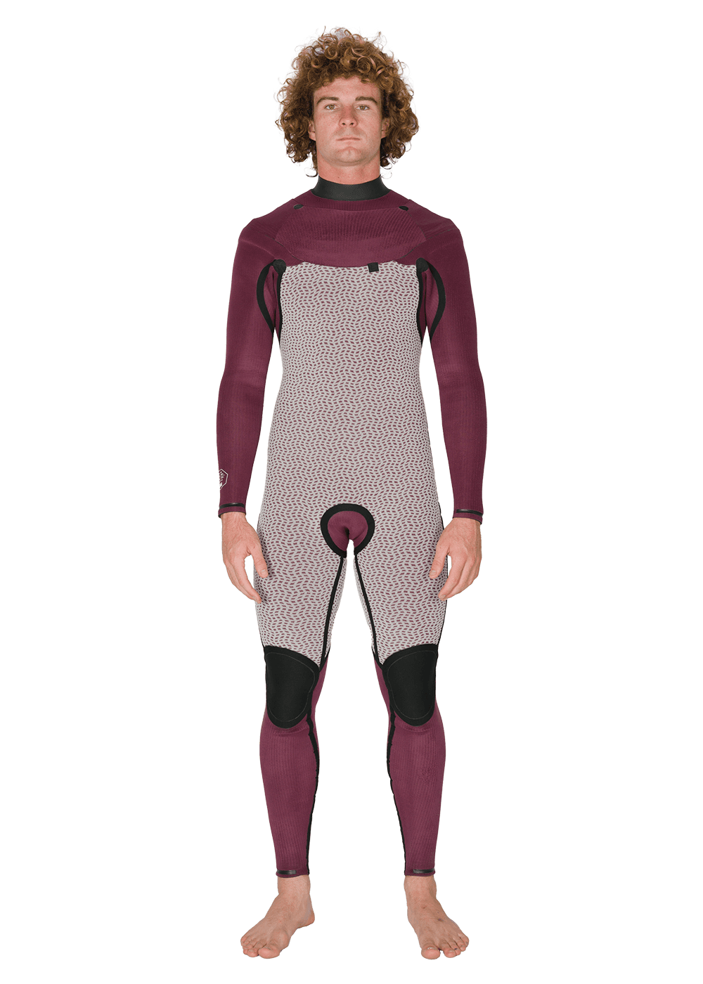 Vissla New Seas full wetsuit in burgundy and grey with black knee pads and a U-zip front closure made of neoprene and nylon