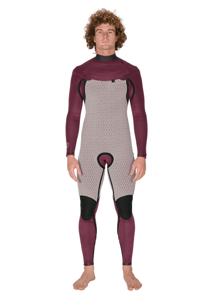 Vissla New Seas full wetsuit in burgundy and grey with black knee pads and a U-zip front closure made of neoprene and nylon
