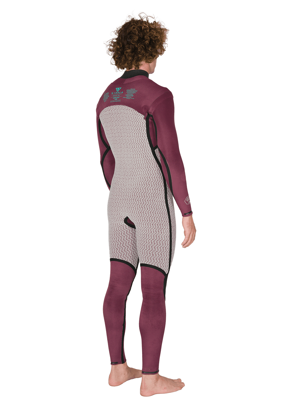 Vissla New Seas wetsuit in dark red and light grey neoprene with a u-zip back closure and black seams, full-body long sleeve and leg design