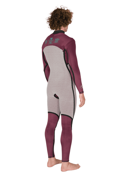 Vissla New Seas wetsuit in dark red and light grey neoprene with a u-zip back closure and black seams, full-body long sleeve and leg design