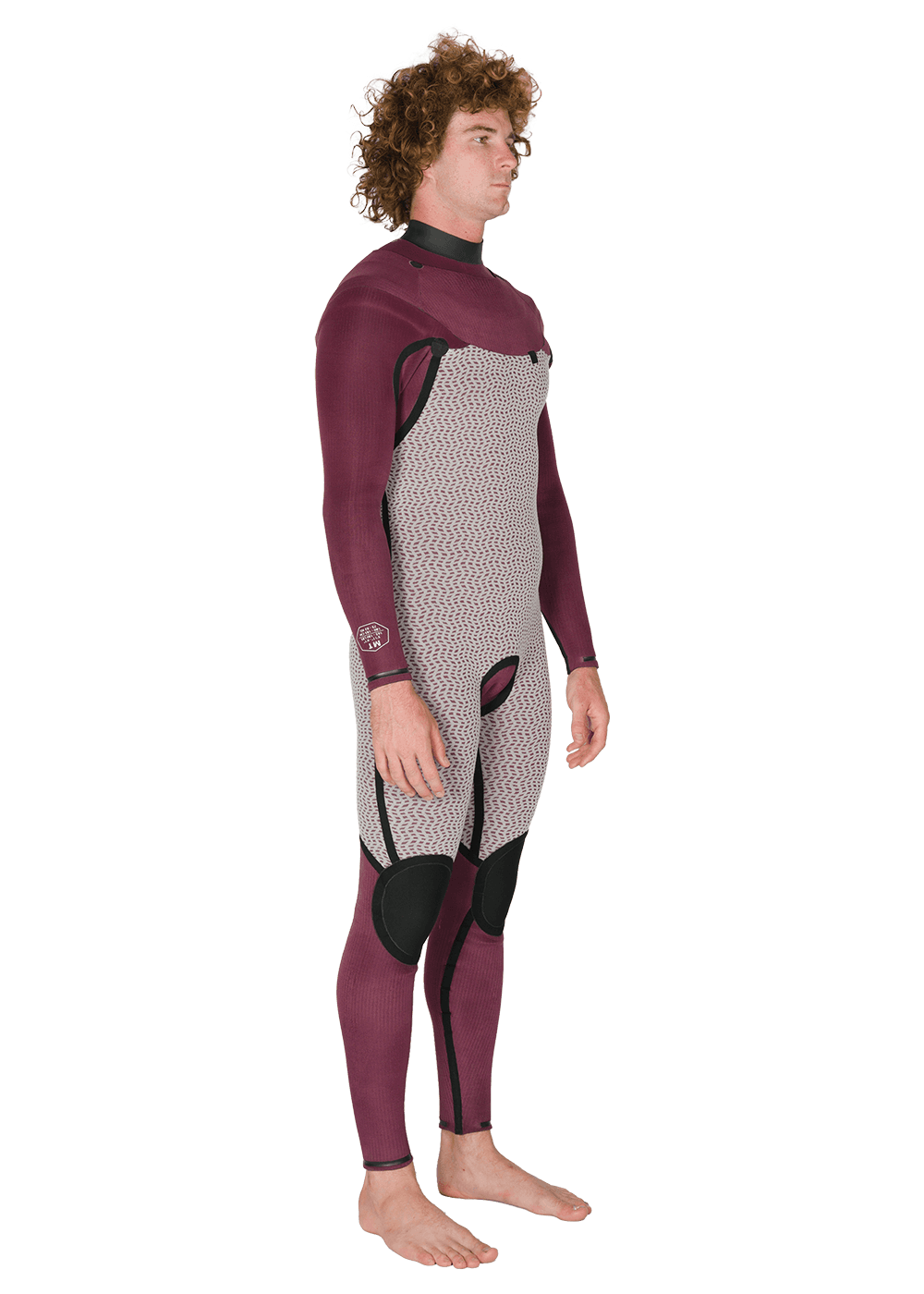 Vissla New Seas wetsuit in maroon and grey with black knee pads, featuring a U-zip closure and textured front pattern