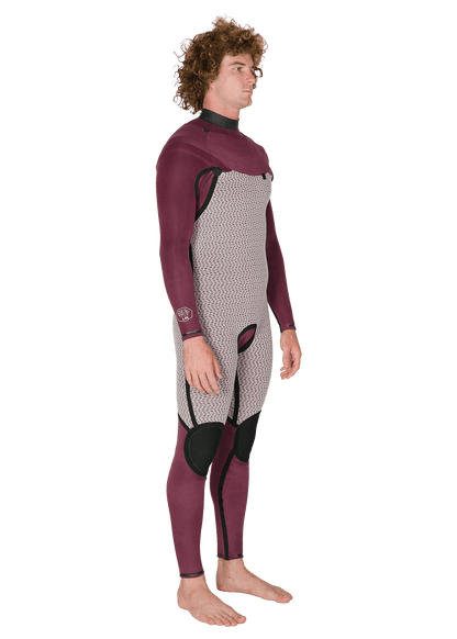Vissla New Seas wetsuit in maroon and grey with black knee pads, featuring a U-zip closure and textured front pattern