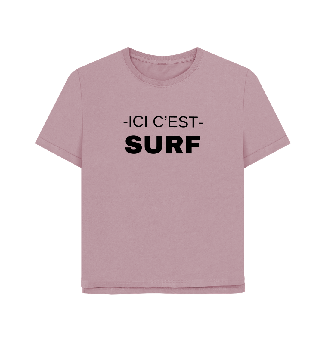 Pink Union of Surf women's graphic tee featuring black 'ICI C'EST SURF' text.