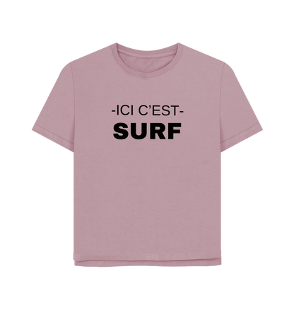 Pink Union of Surf women's graphic tee featuring black 'ICI C'EST SURF' text.