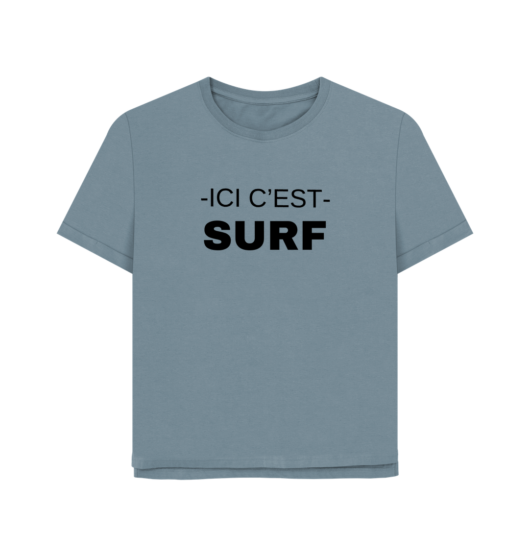 Blue Union of Surf women's graphic tee with black 'ICI C'EST SURF' text on the chest.