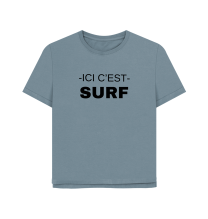 Blue Union of Surf women's graphic tee with black 'ICI C'EST SURF' text on the chest.