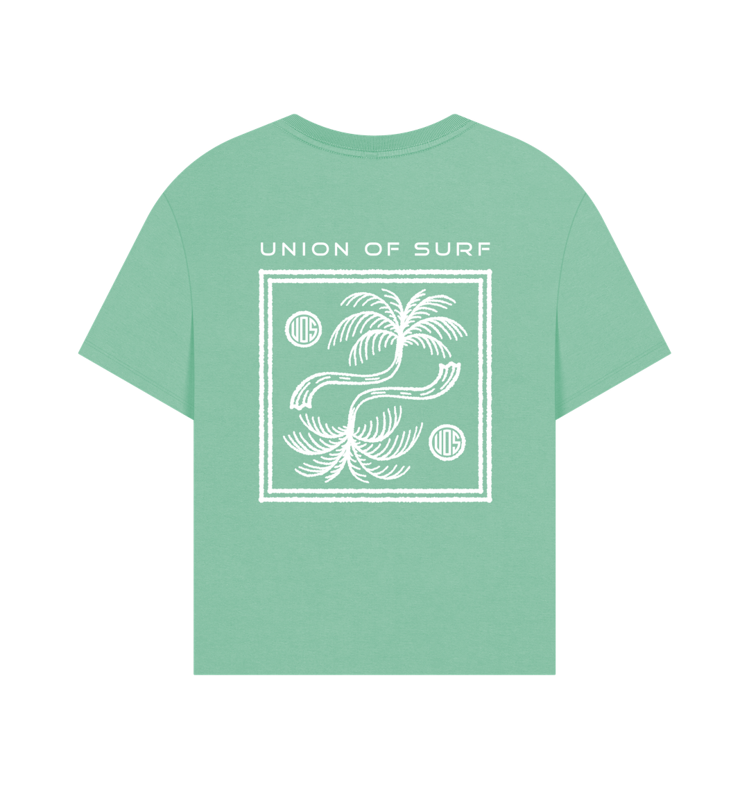 Mint green Womens Coastal T-Shirt with white palm tree graphic and Union of Surf text.