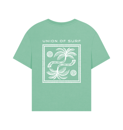 Mint green Womens Coastal T-Shirt with white palm tree graphic and Union of Surf text.