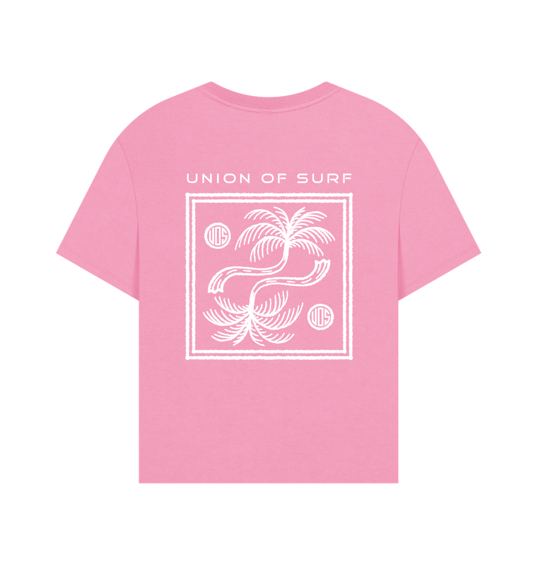 Pink Union of Surf women's coastal t-shirt with white palm tree graphic design