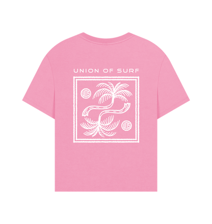 Pink Union of Surf women's coastal t-shirt with white palm tree graphic design