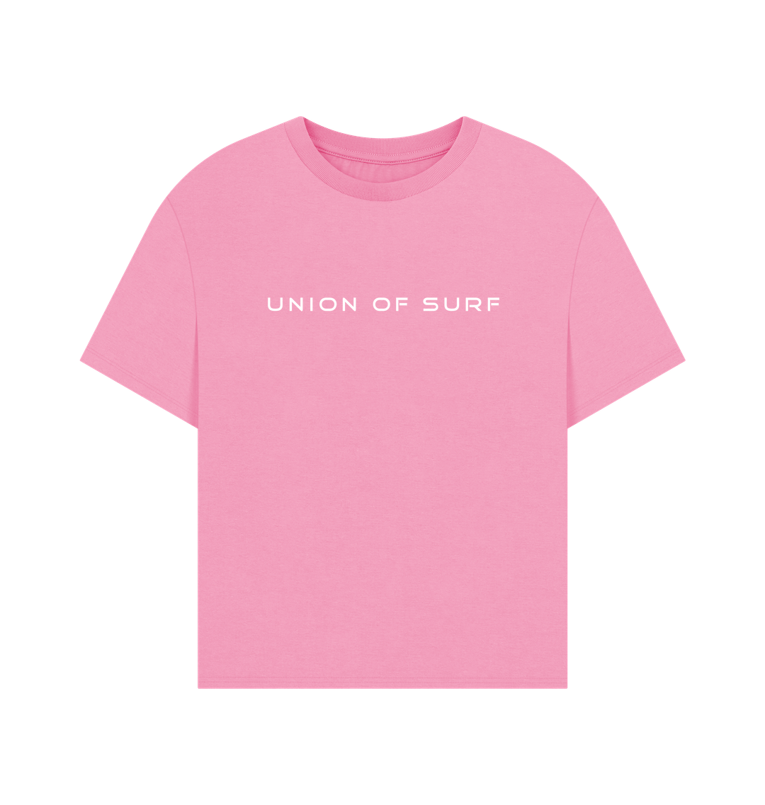 Pink Union of Surf women's coastal t-shirt with white text logo.