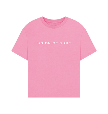 Pink Union of Surf women's coastal t-shirt with white text logo.