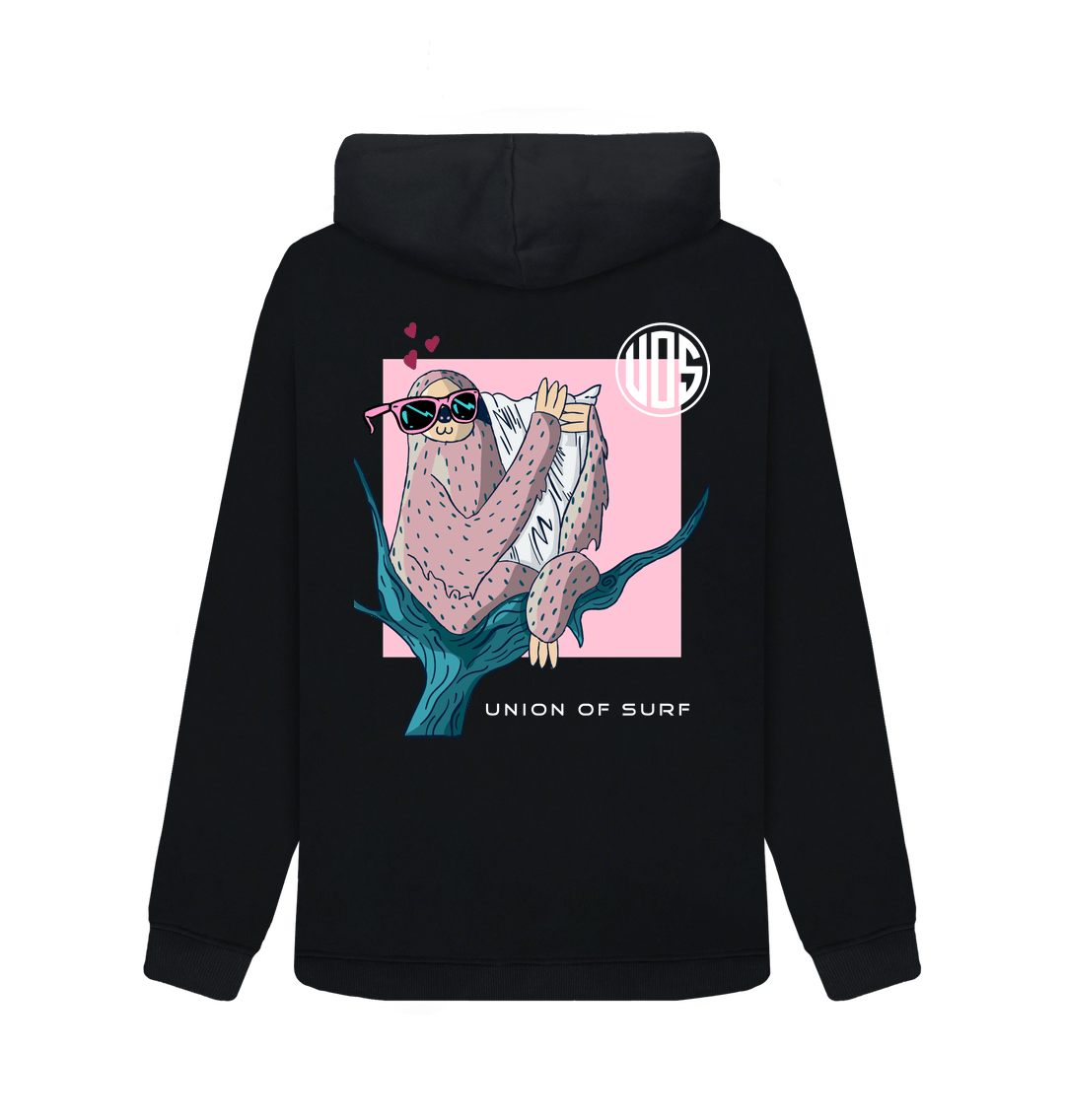 Back view of a black Union of Surf organic cotton hoody featuring a sloth wearing sunglasses.
