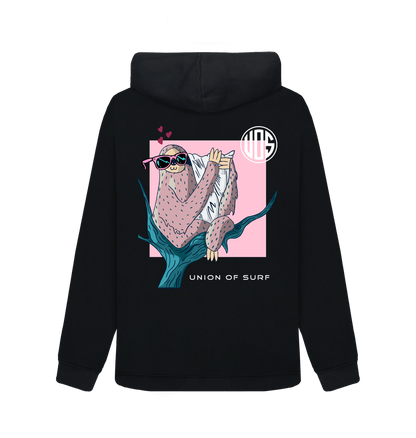 Back view of a black Union of Surf organic cotton hoody featuring a sloth wearing sunglasses.
