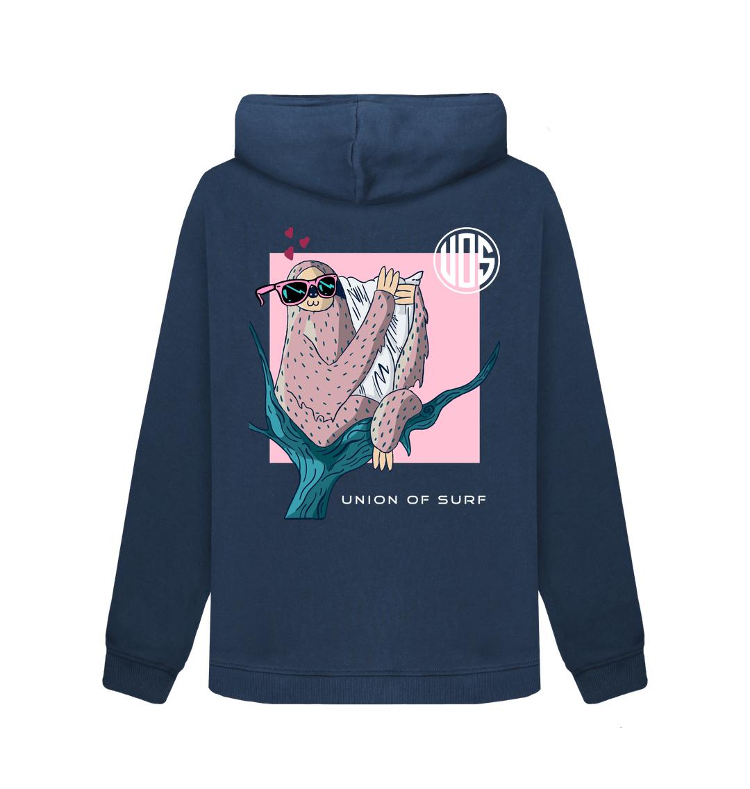Back view of Union of Surf women's organic cotton hoody featuring a sloth illustration.