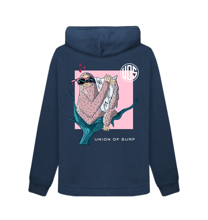 Back view of Union of Surf women's organic cotton hoody featuring a sloth illustration.