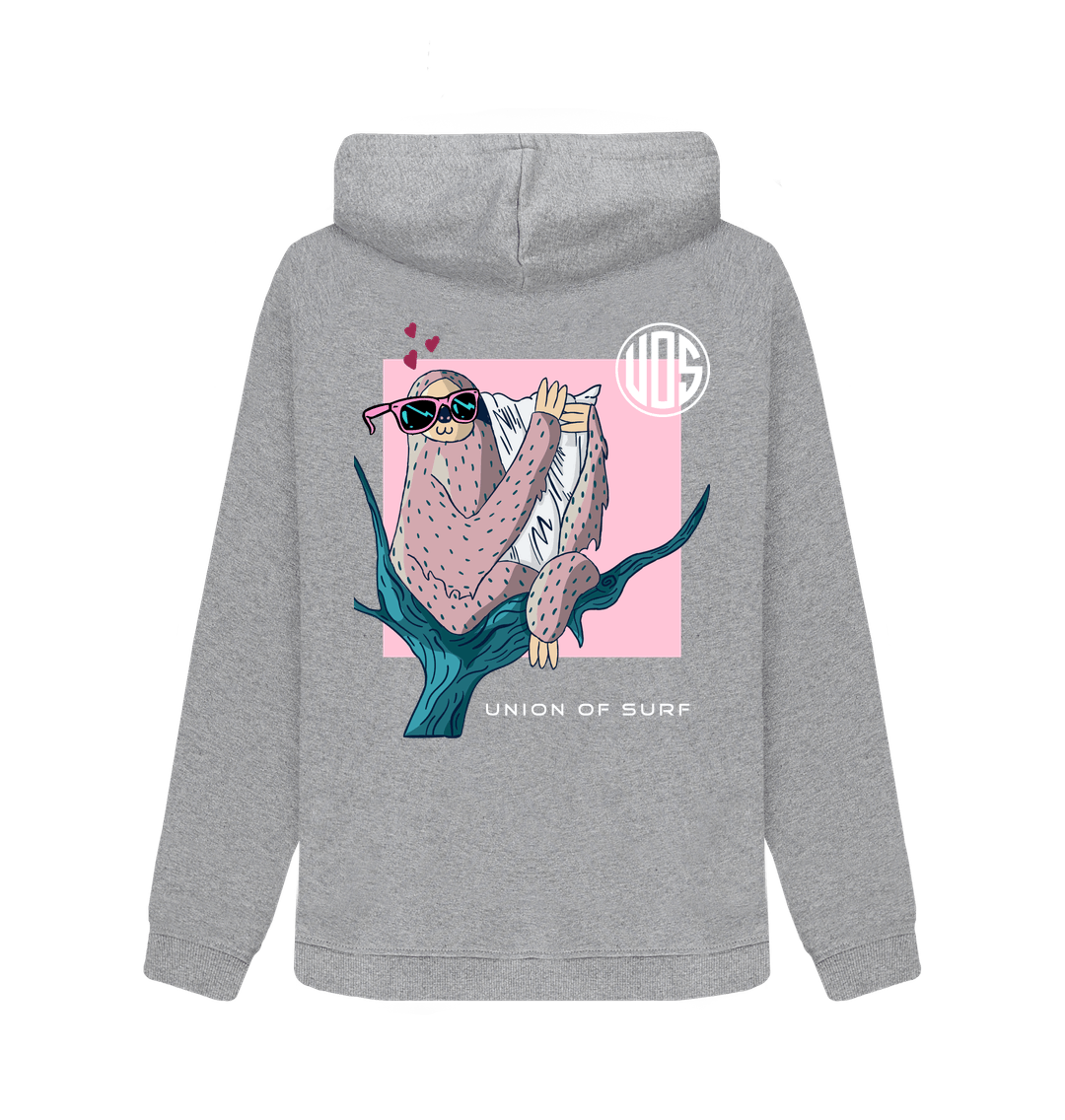 Back view of a grey Union of Surf organic cotton hoody featuring a sloth party graphic.