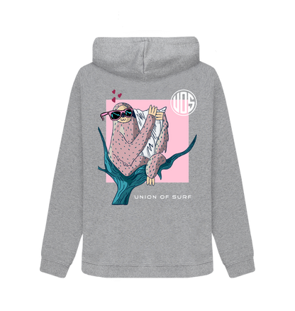 Back view of a grey Union of Surf organic cotton hoody featuring a sloth party graphic.