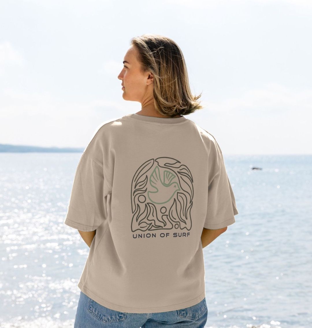 womens ears t shirt on the beach with a print on the rear